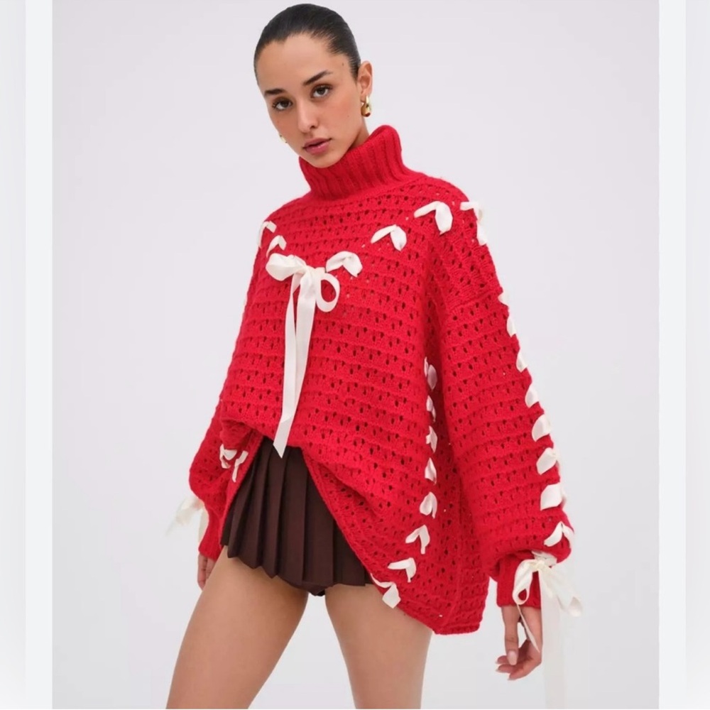For Love and Lemon Red Sweater with Bow Accents